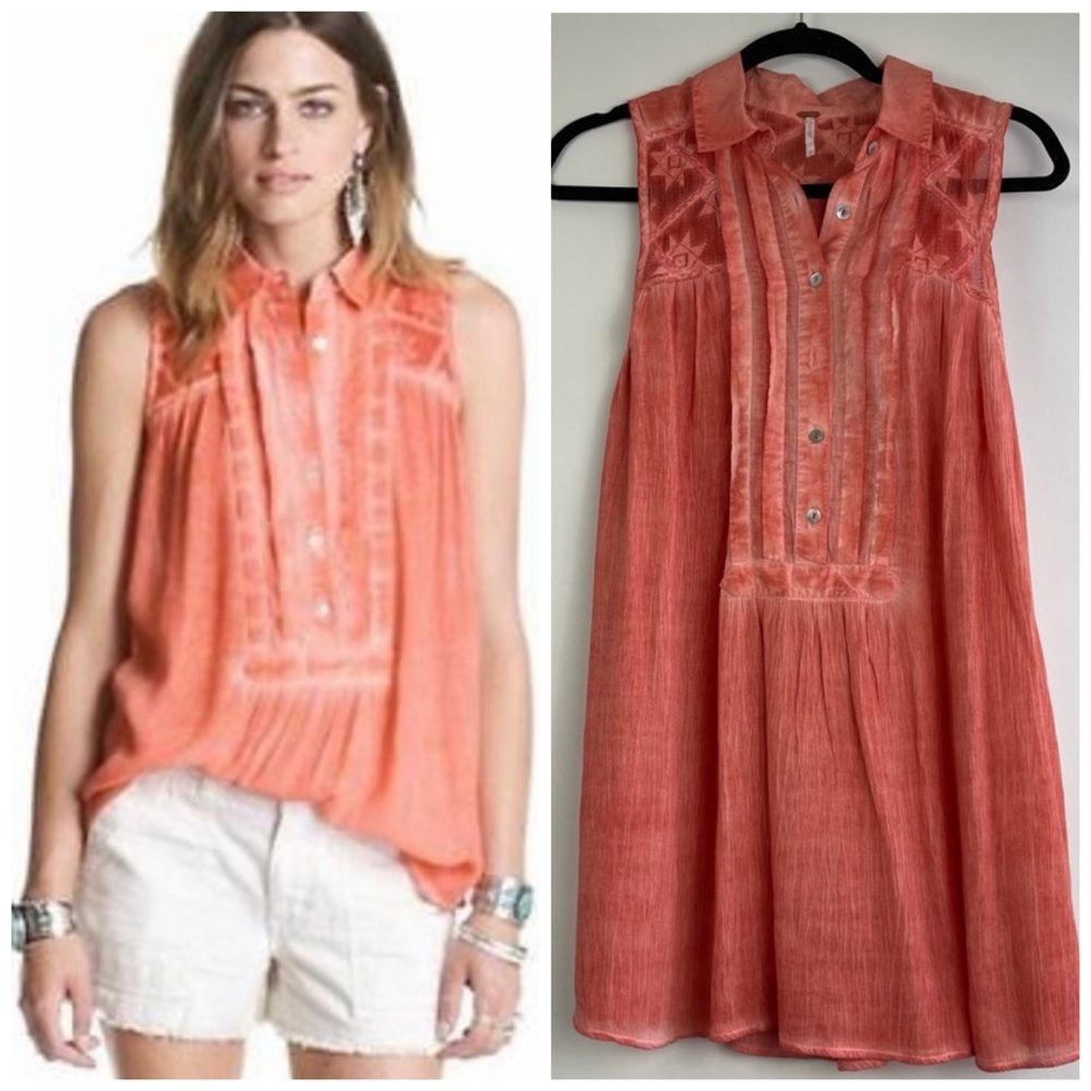 Free People Gauze Acid Wash Tie Dye Tunic Top Lace Coral Boho